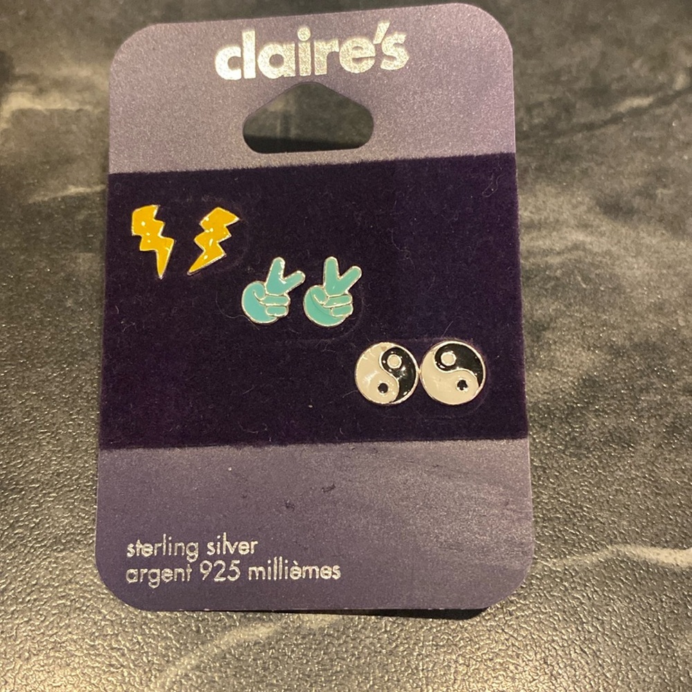 Claire’s Sterling Silver Lightning Bolt, Peace & Ying Yan Earrings